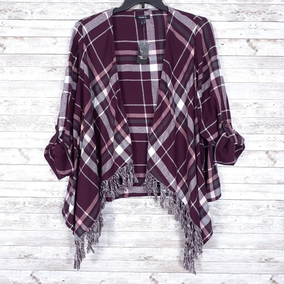 torrid Sweaters - Torrid Pink Plaid Kimono 1X Fringe 280A